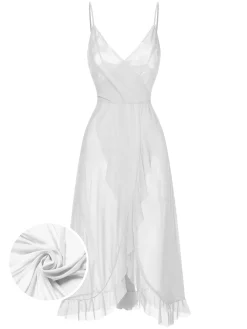 New Retro Stage 1930s Solid V-Neck Ruffle Sheer Nightgown