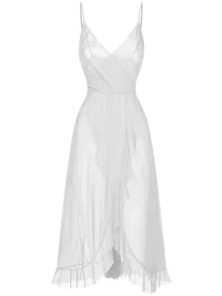 New Retro Stage 1930s Solid V-Neck Ruffle Sheer Nightgown
