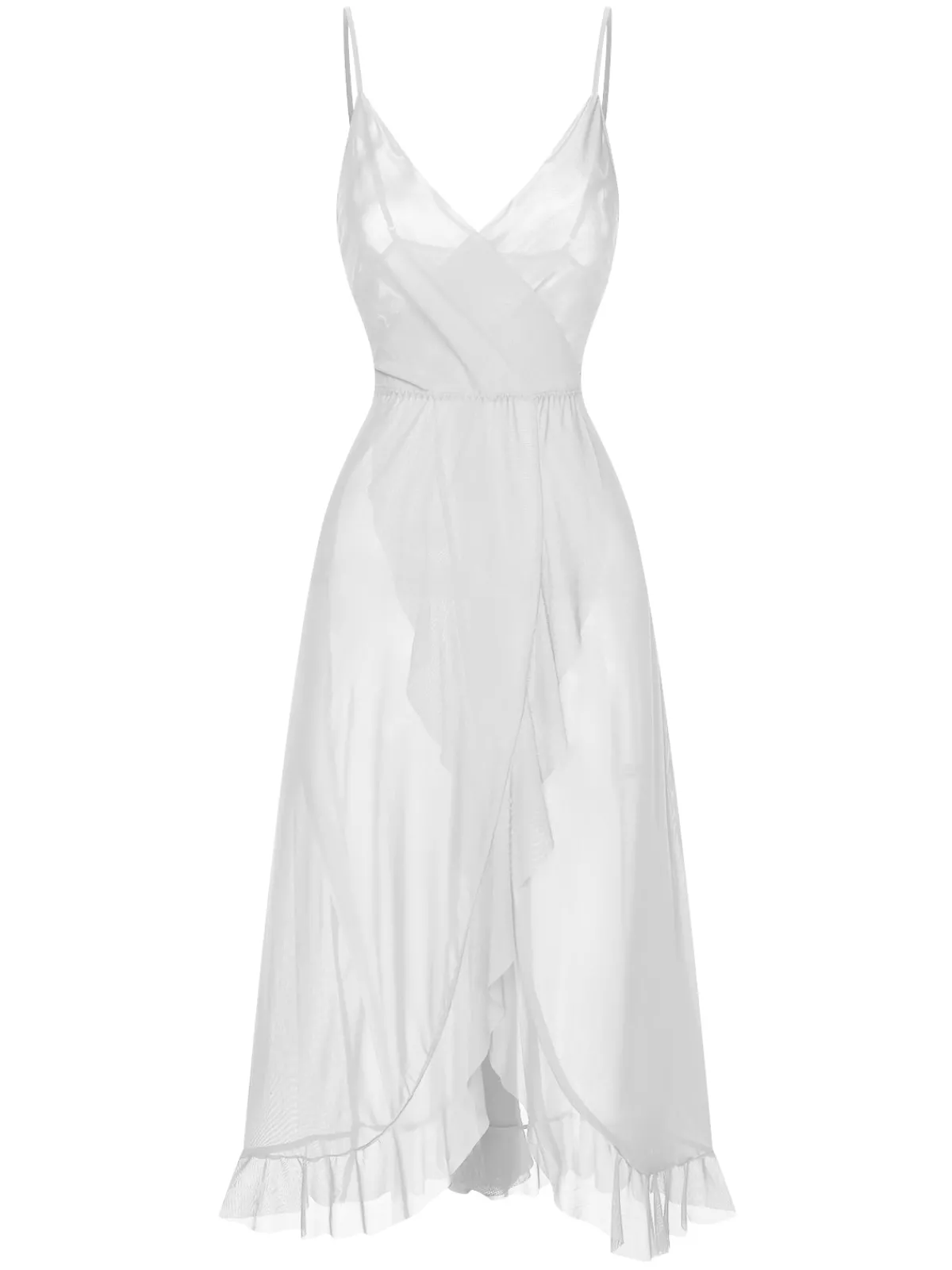 New Retro Stage 1930s Solid V-Neck Ruffle Sheer Nightgown