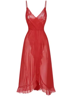 New Retro Stage 1930s Solid V-Neck Ruffle Sheer Nightgown