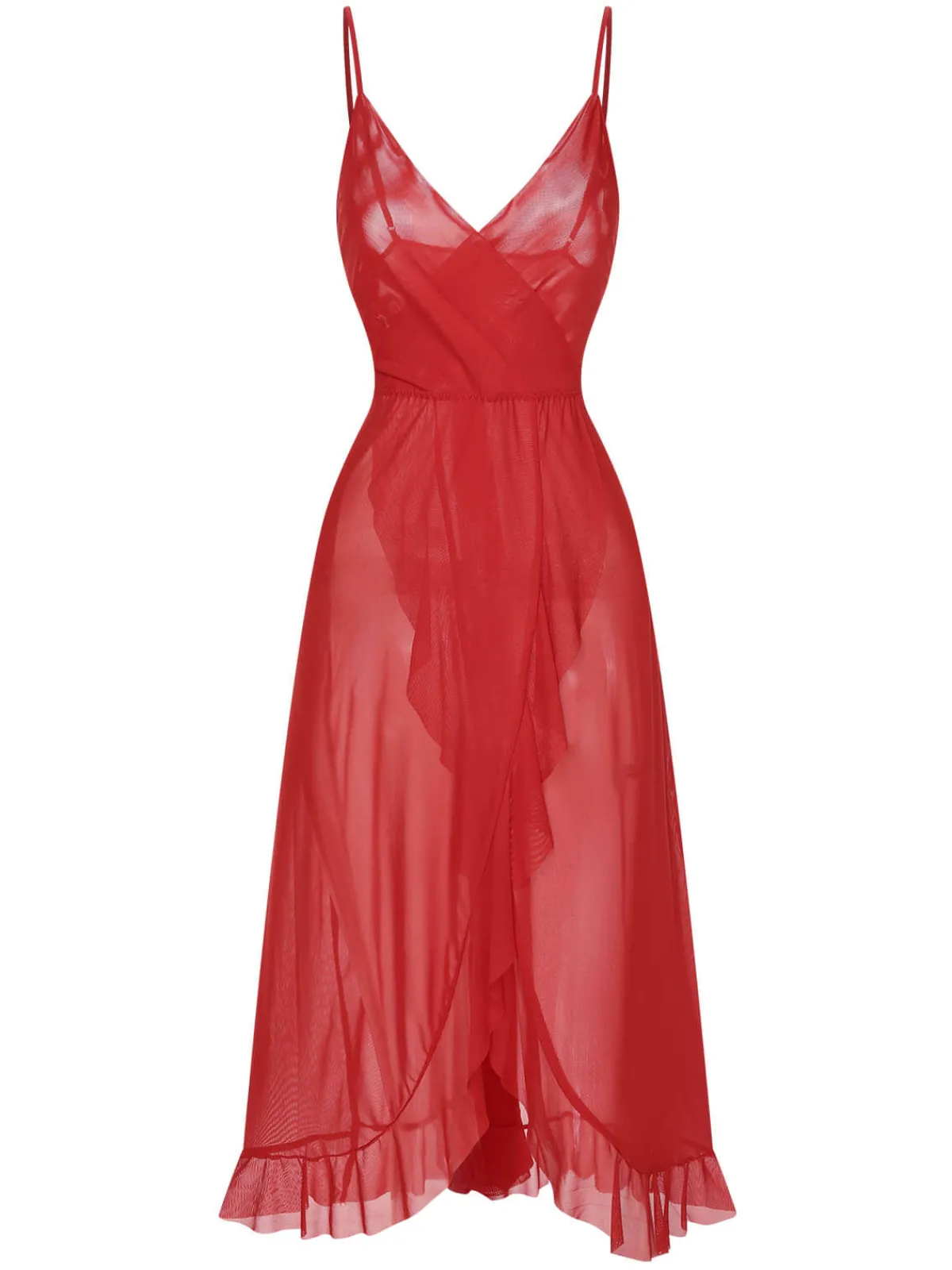 New Retro Stage 1930s Solid V-Neck Ruffle Sheer Nightgown