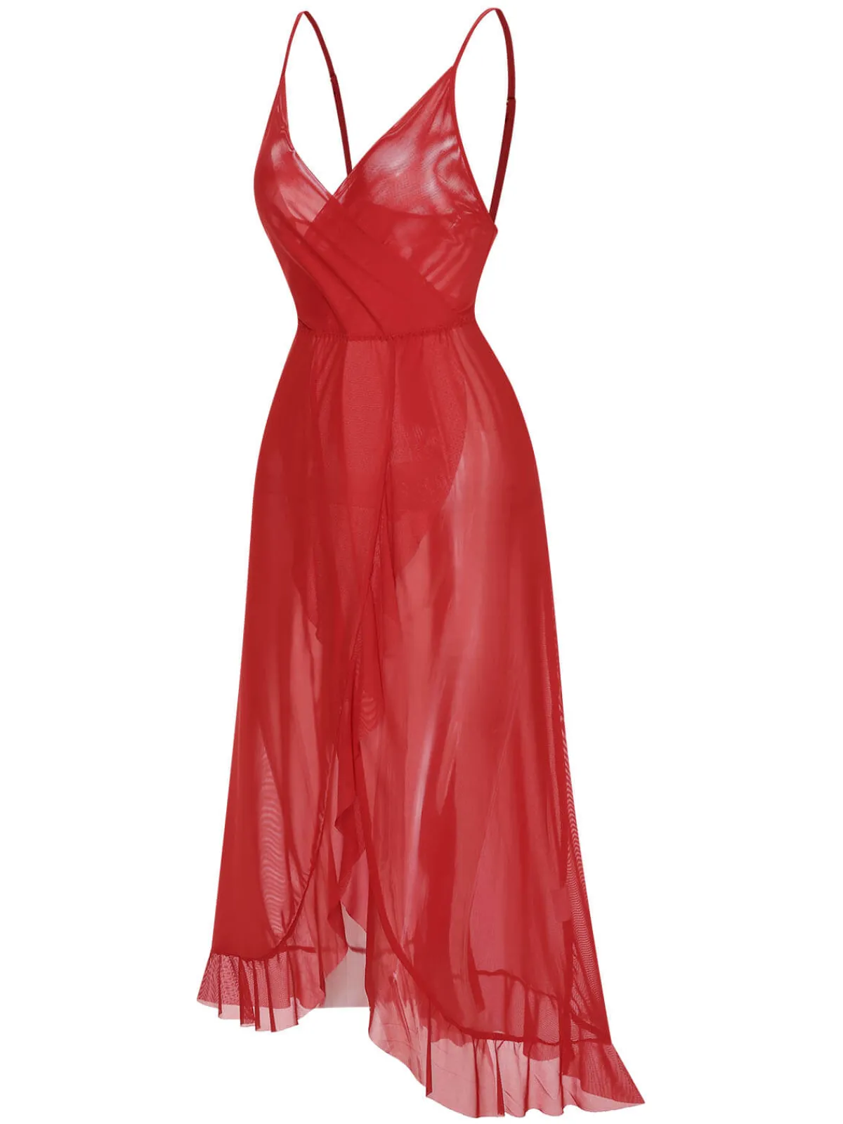 New Retro Stage 1930s Solid V-Neck Ruffle Sheer Nightgown