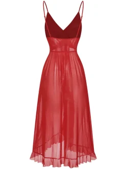 New Retro Stage 1930s Solid V-Neck Ruffle Sheer Nightgown
