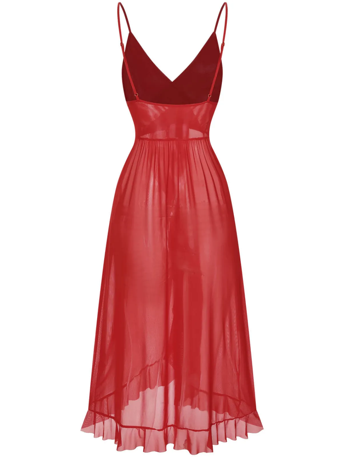 New Retro Stage 1930s Solid V-Neck Ruffle Sheer Nightgown