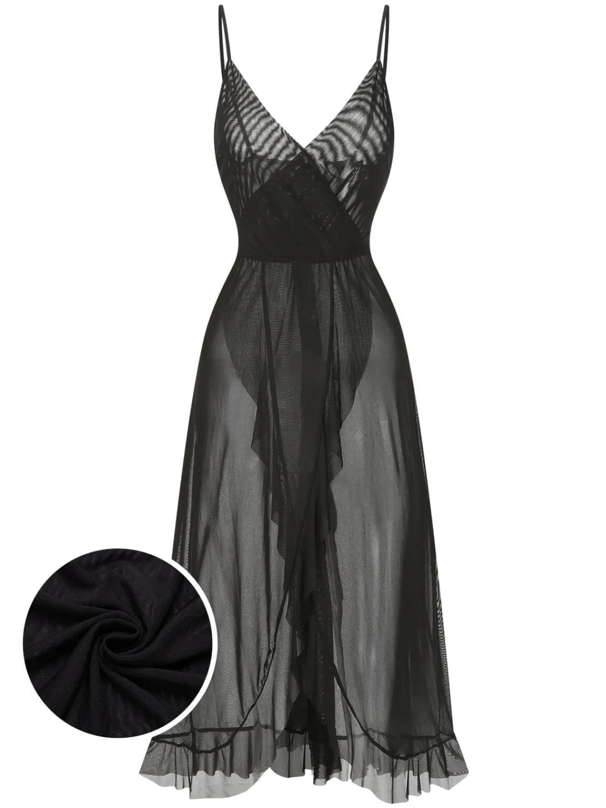 New Retro Stage 1930s Solid V-Neck Ruffle Sheer Nightgown