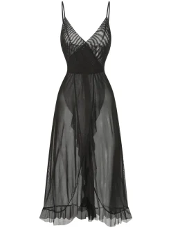 New Retro Stage 1930s Solid V-Neck Ruffle Sheer Nightgown