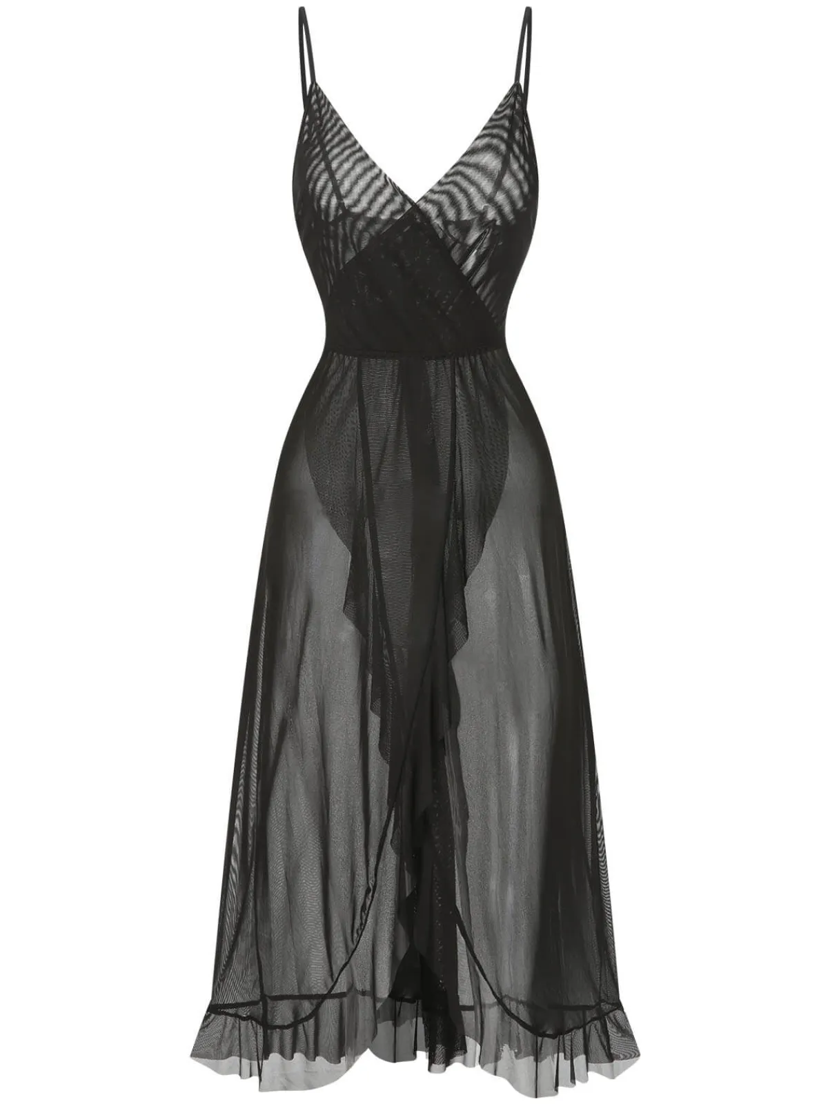 New Retro Stage 1930s Solid V-Neck Ruffle Sheer Nightgown