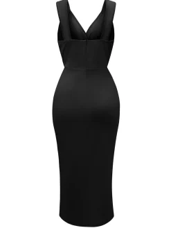 Fashion Retro Stage 1960s Solid V-Neck Side Slit Bodycon Dress