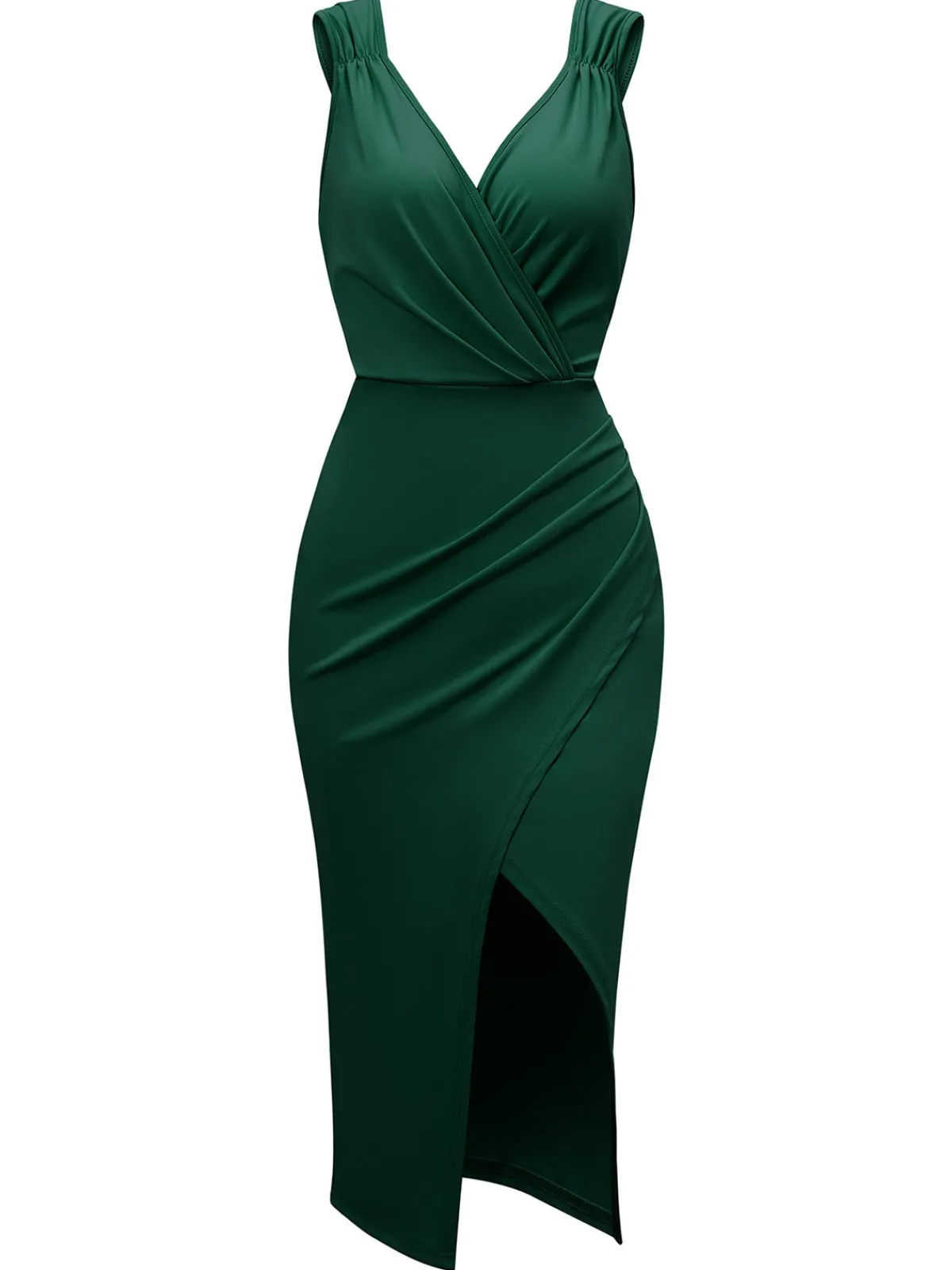 Fashion Retro Stage 1960s Solid V-Neck Side Slit Bodycon Dress