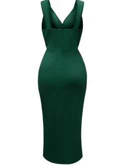 Fashion Retro Stage 1960s Solid V-Neck Side Slit Bodycon Dress