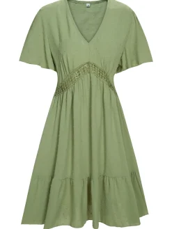 Hot Retro Stage 1970s Solid V-Neck Splicing Lace Flare Dress