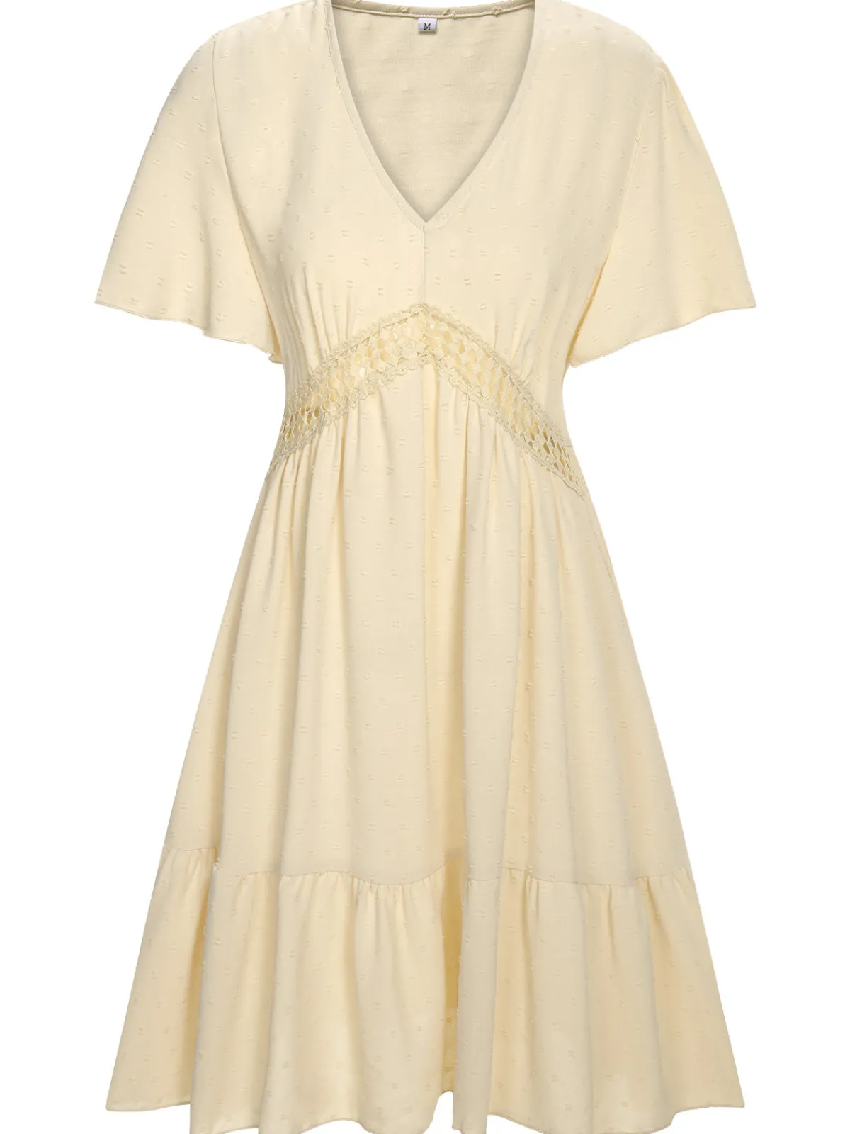 Fashion Retro Stage 1970s Solid V-Neck Splicing Lace Flare Dress