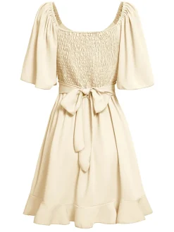 Fashion Retro Stage 1930s Solid V-Neck Waist Ruffle Dress