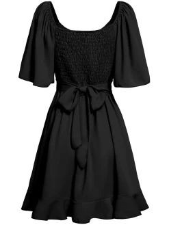 Fashion Retro Stage 1930s Solid V-Neck Waist Ruffle Dress
