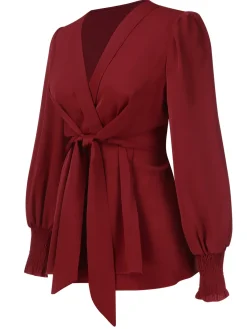 Outlet Retro Stage 1940s Solid V-Neck Waist Tie Blouse