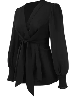 Outlet Retro Stage 1940s Solid V-Neck Waist Tie Blouse