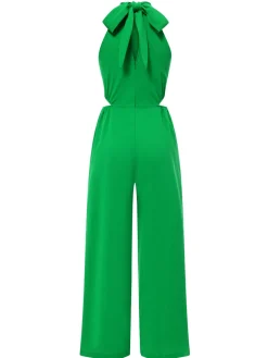 Fashion Retro Stage 1940s Solid Waist Cutout Halter Wide-Leg Jumpsuit