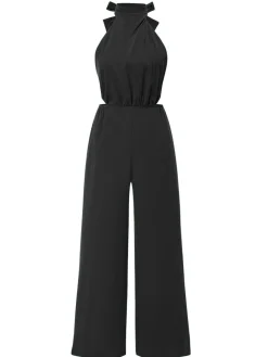 Fashion Retro Stage 1940s Solid Waist Cutout Halter Wide-Leg Jumpsuit