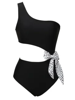 Fashion Retro Stage 1940s Solid Waist Hollow Dots Bow Patchwork Swimsuit