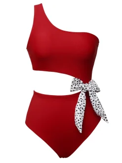 Fashion Retro Stage 1940s Solid Waist Hollow Dots Bow Patchwork Swimsuit