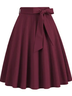 Sale Retro Stage 1950s Solid Waist Tie Swing Skirt