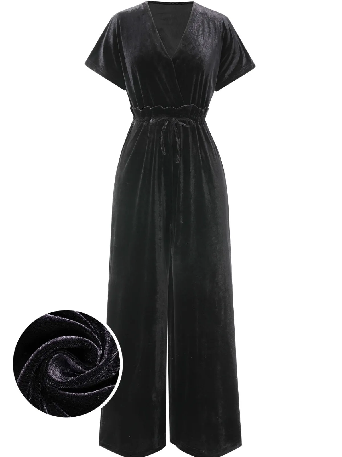 Best Retro Stage 1940s Solid Waist Tie V-Neck Velvet Jumpsuit