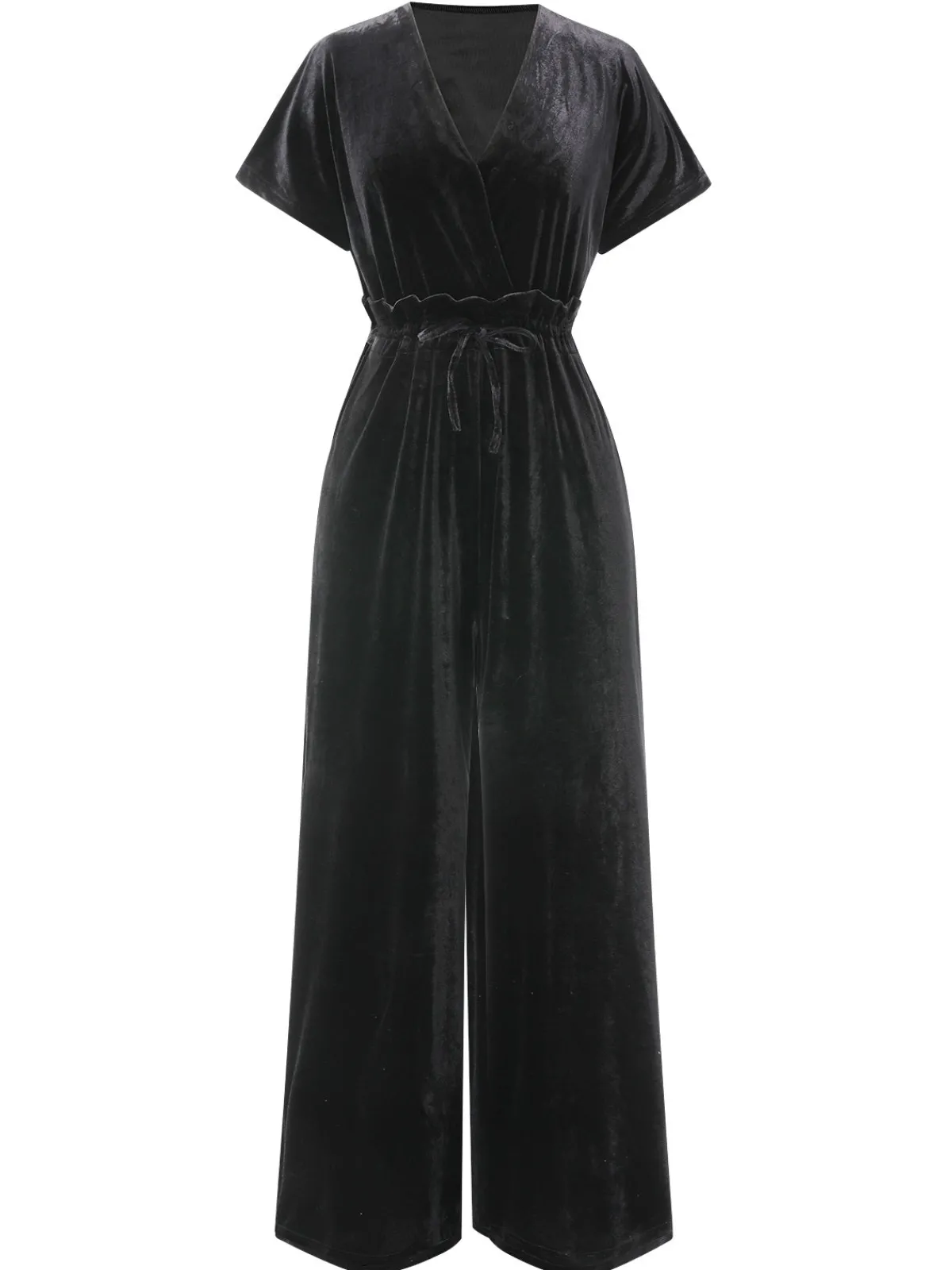 Best Retro Stage 1940s Solid Waist Tie V-Neck Velvet Jumpsuit