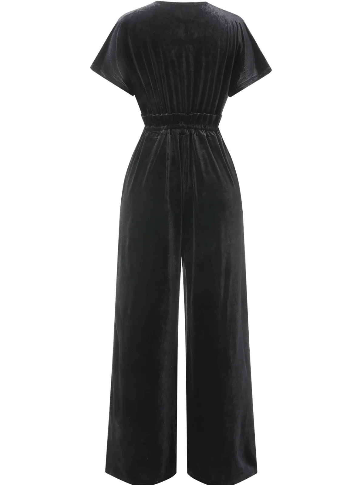 Best Retro Stage 1940s Solid Waist Tie V-Neck Velvet Jumpsuit