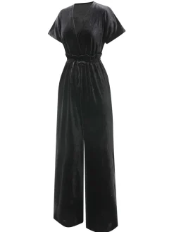Best Retro Stage 1940s Solid Waist Tie V-Neck Velvet Jumpsuit