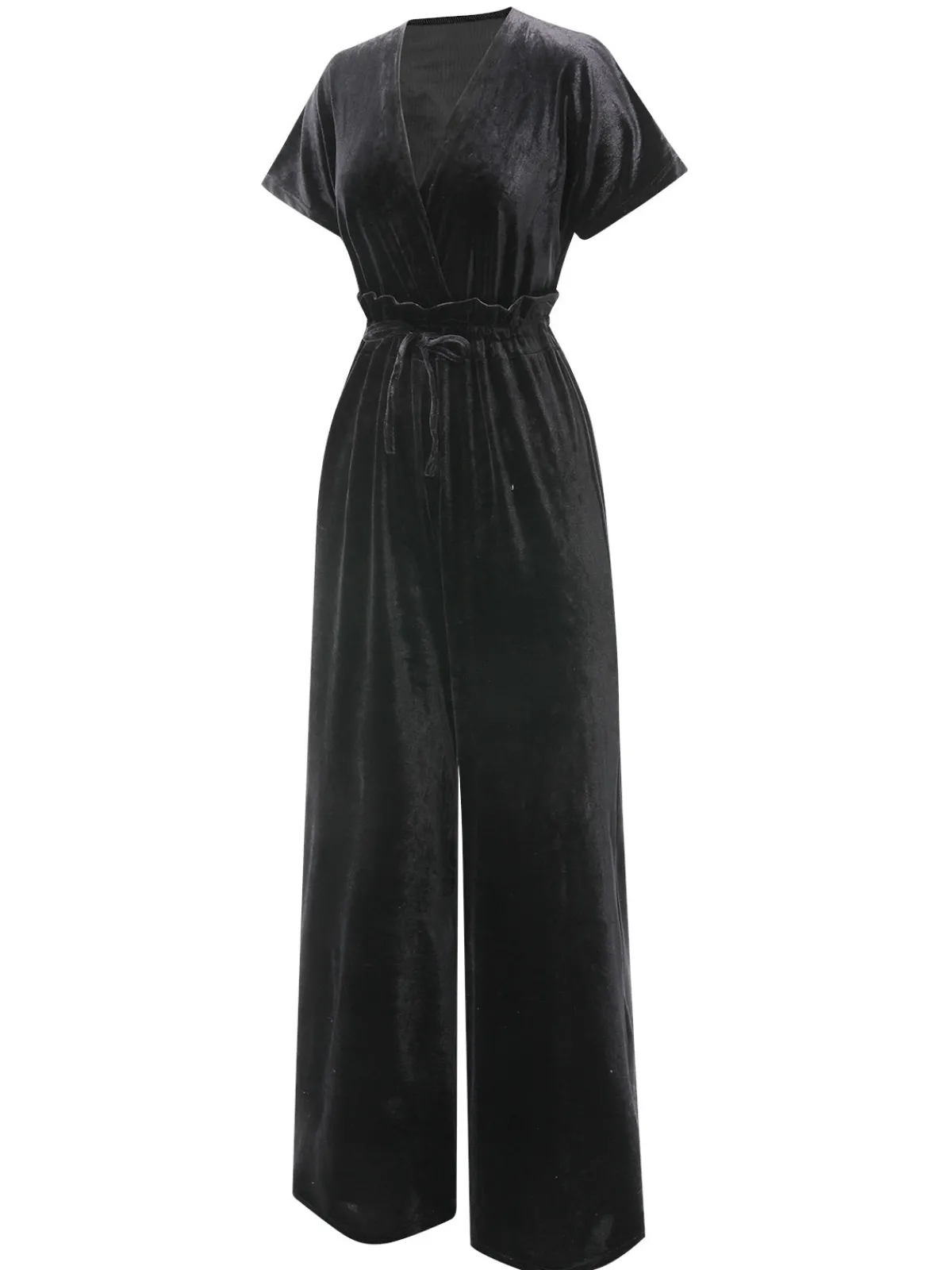 Best Retro Stage 1940s Solid Waist Tie V-Neck Velvet Jumpsuit