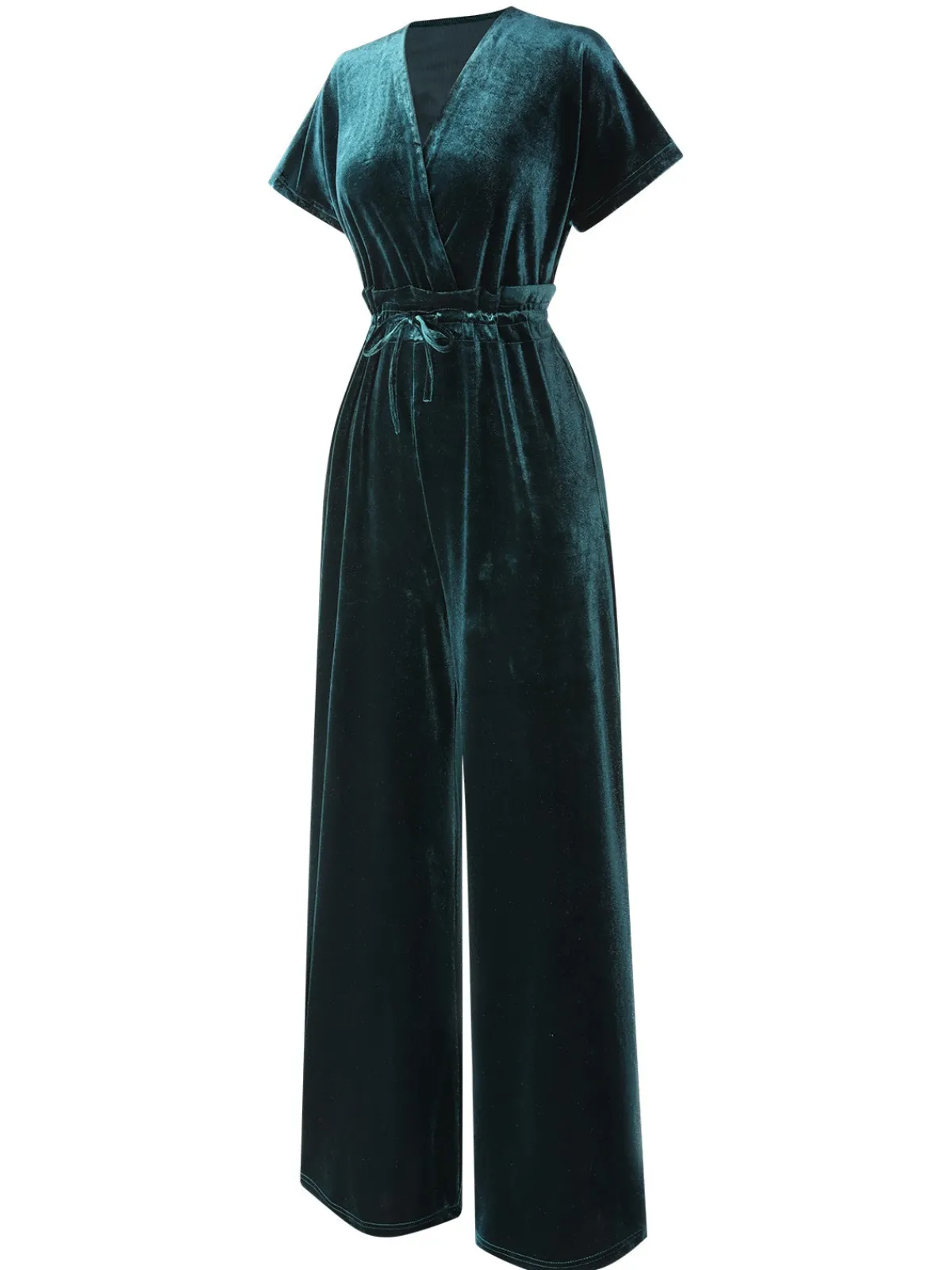 Best Retro Stage 1940s Solid Waist Tie V-Neck Velvet Jumpsuit