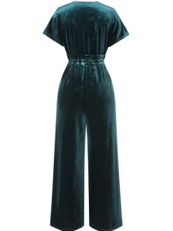 Best Retro Stage 1940s Solid Waist Tie V-Neck Velvet Jumpsuit