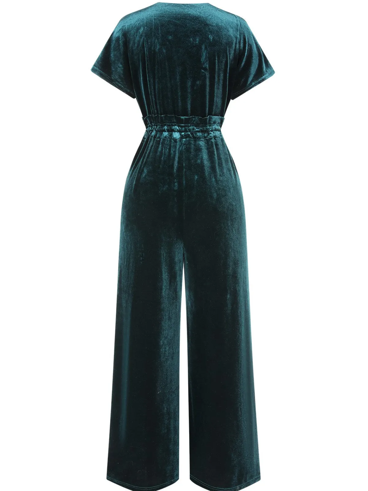 Best Retro Stage 1940s Solid Waist Tie V-Neck Velvet Jumpsuit