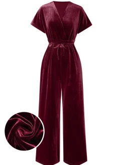 Best Retro Stage 1940s Solid Waist Tie V-Neck Velvet Jumpsuit