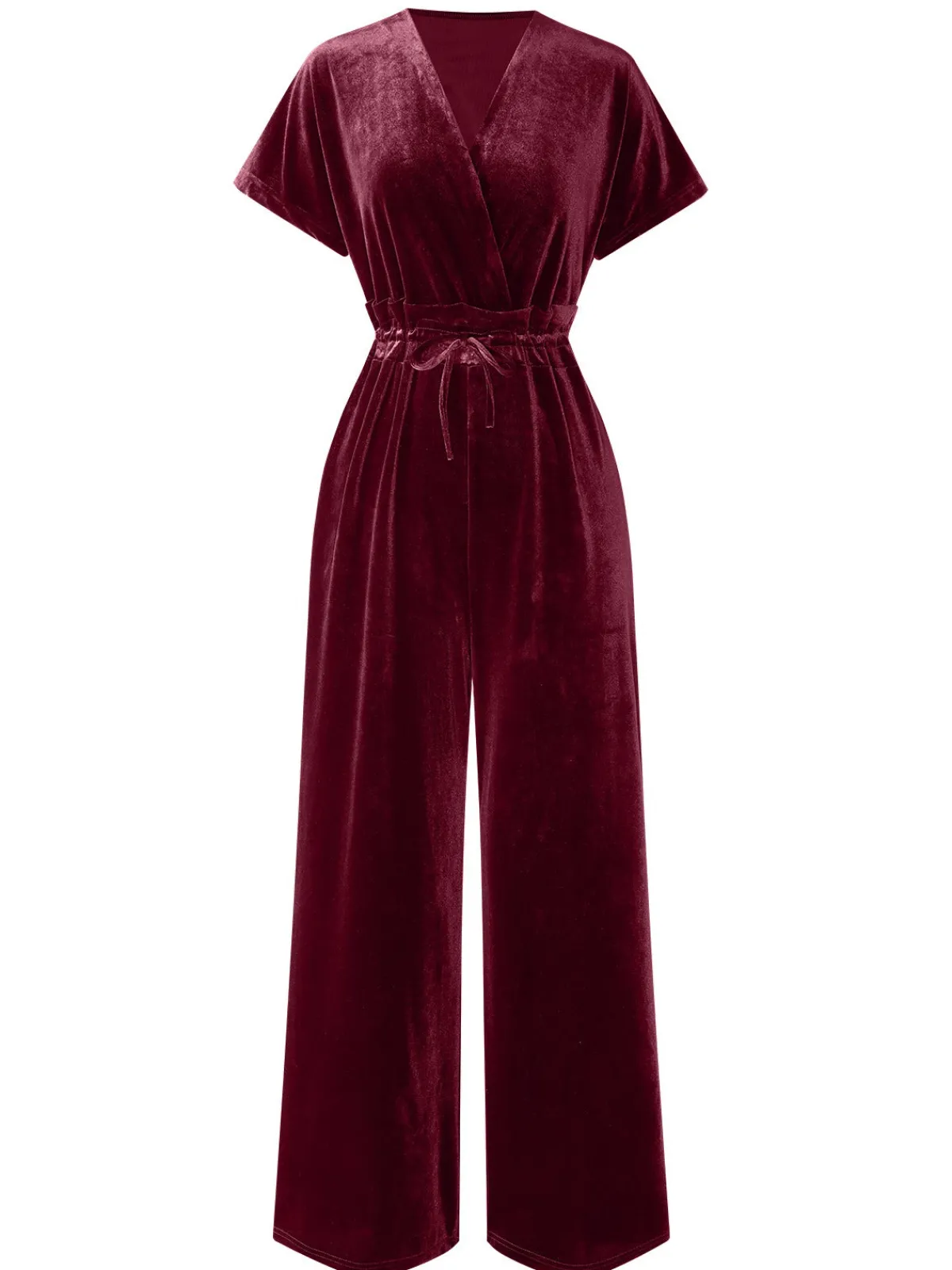 Best Retro Stage 1940s Solid Waist Tie V-Neck Velvet Jumpsuit