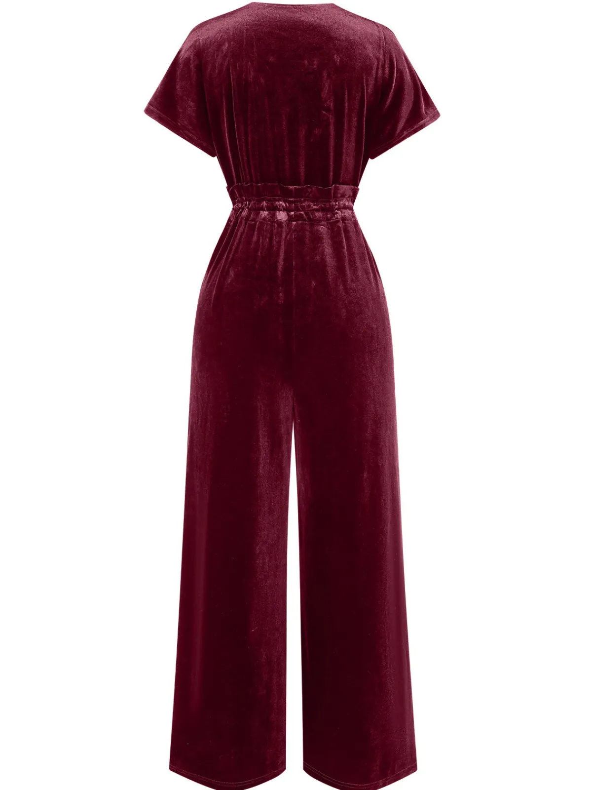 Best Retro Stage 1940s Solid Waist Tie V-Neck Velvet Jumpsuit
