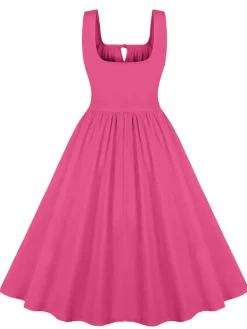 Online Retro Stage 1950s Solid Wide Strap Dress