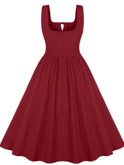 Online Retro Stage 1950s Solid Wide Strap Dress