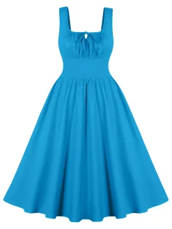 Online Retro Stage 1950s Solid Wide Strap Dress