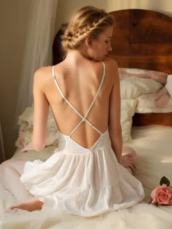 New Retro Stage 1950s Solid Wrinkle Spaghetti Straps Nightgown