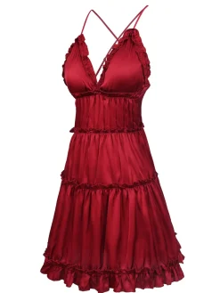 New Retro Stage 1950s Solid Wrinkle Spaghetti Straps Nightgown