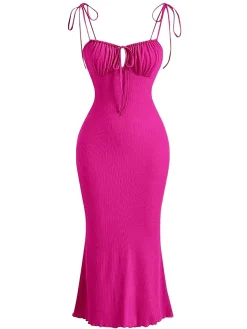 Best Retro Stage 1930s Solid Wrinkles Spaghetti Straps Dress