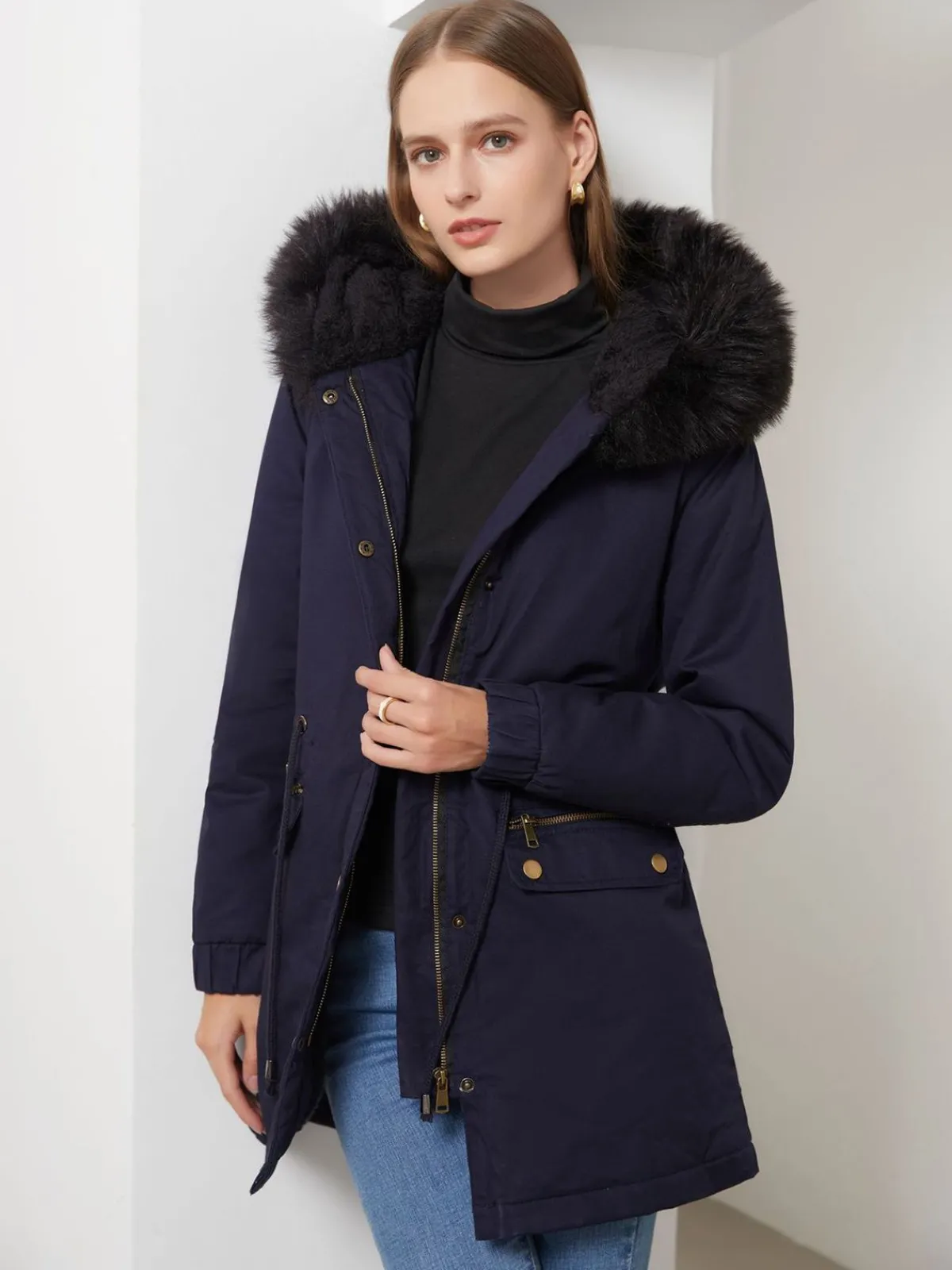 Online Retro Stage 1950s Solid Zipper Fur Trimmed Coat