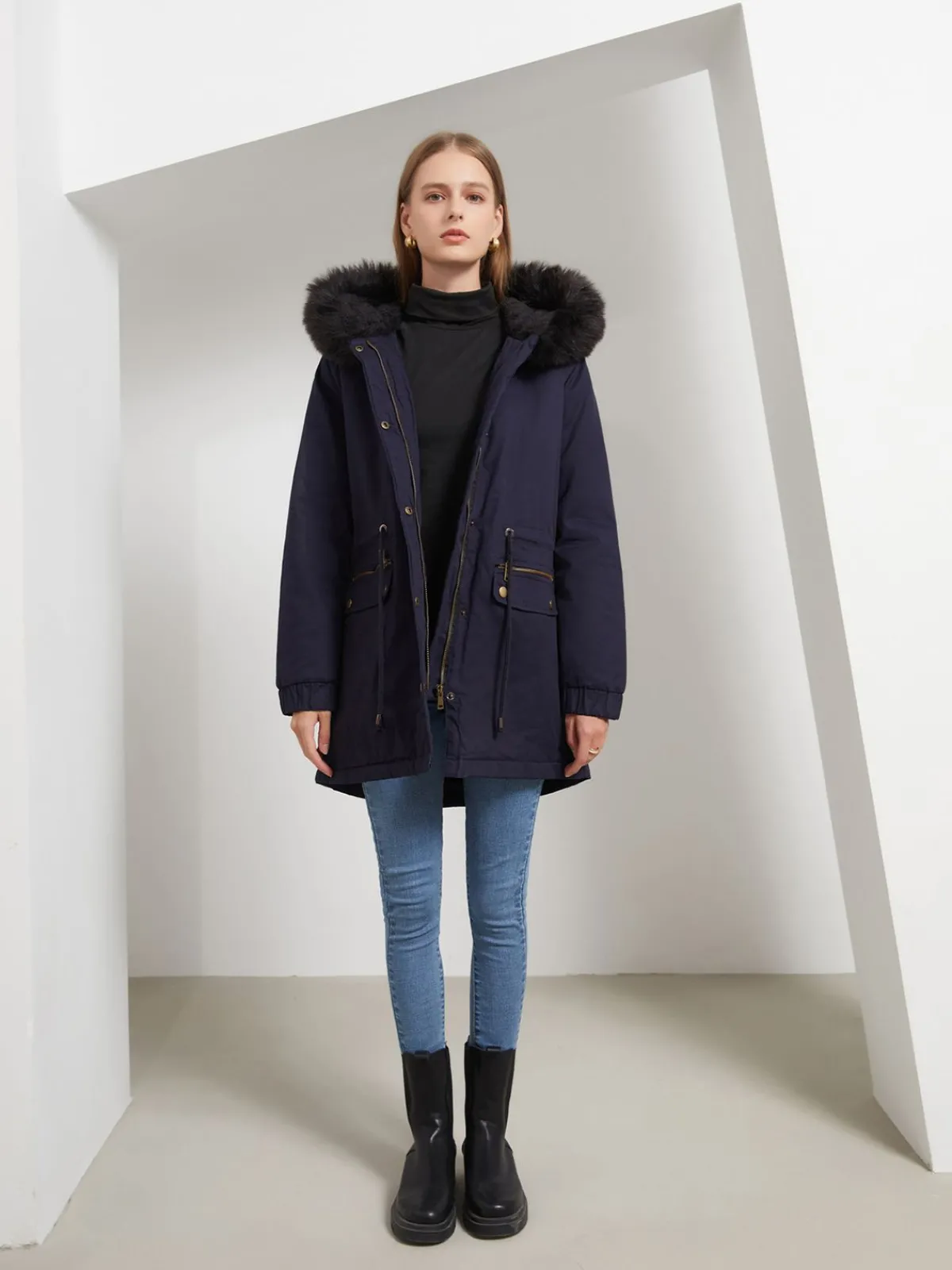 Online Retro Stage 1950s Solid Zipper Fur Trimmed Coat