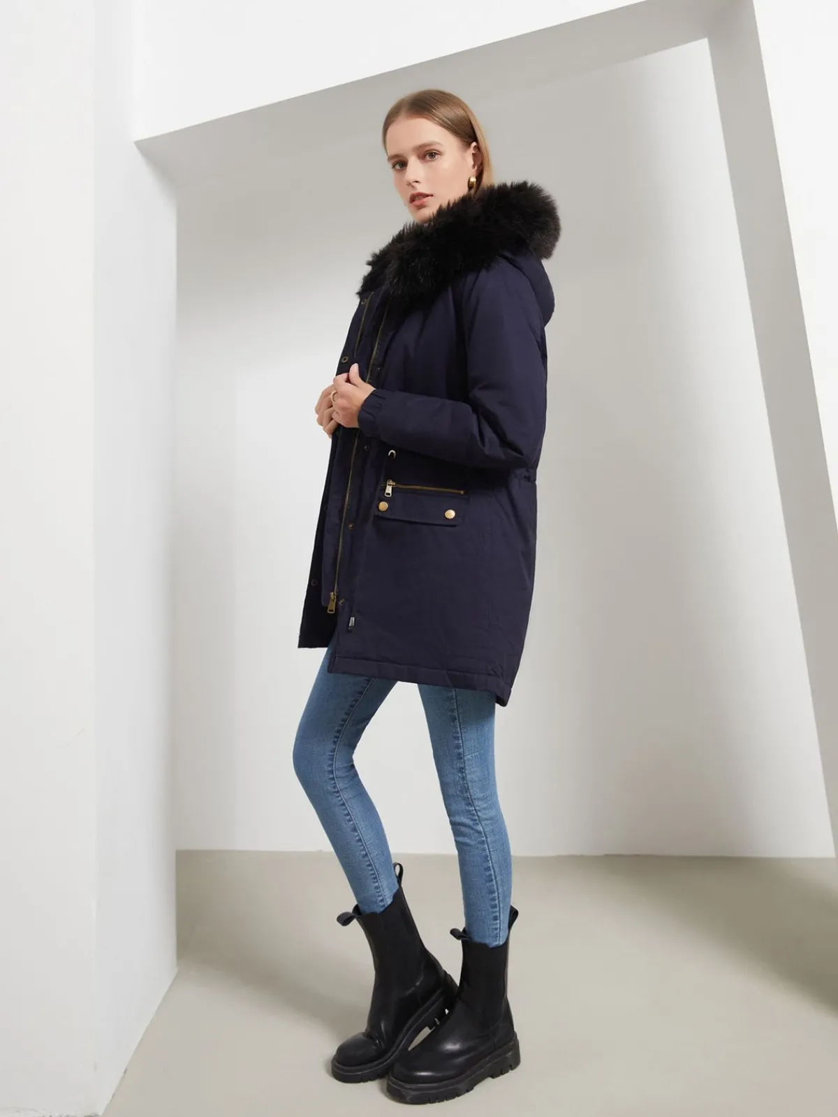 Online Retro Stage 1950s Solid Zipper Fur Trimmed Coat