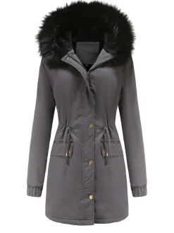 Online Retro Stage 1950s Solid Zipper Fur Trimmed Coat