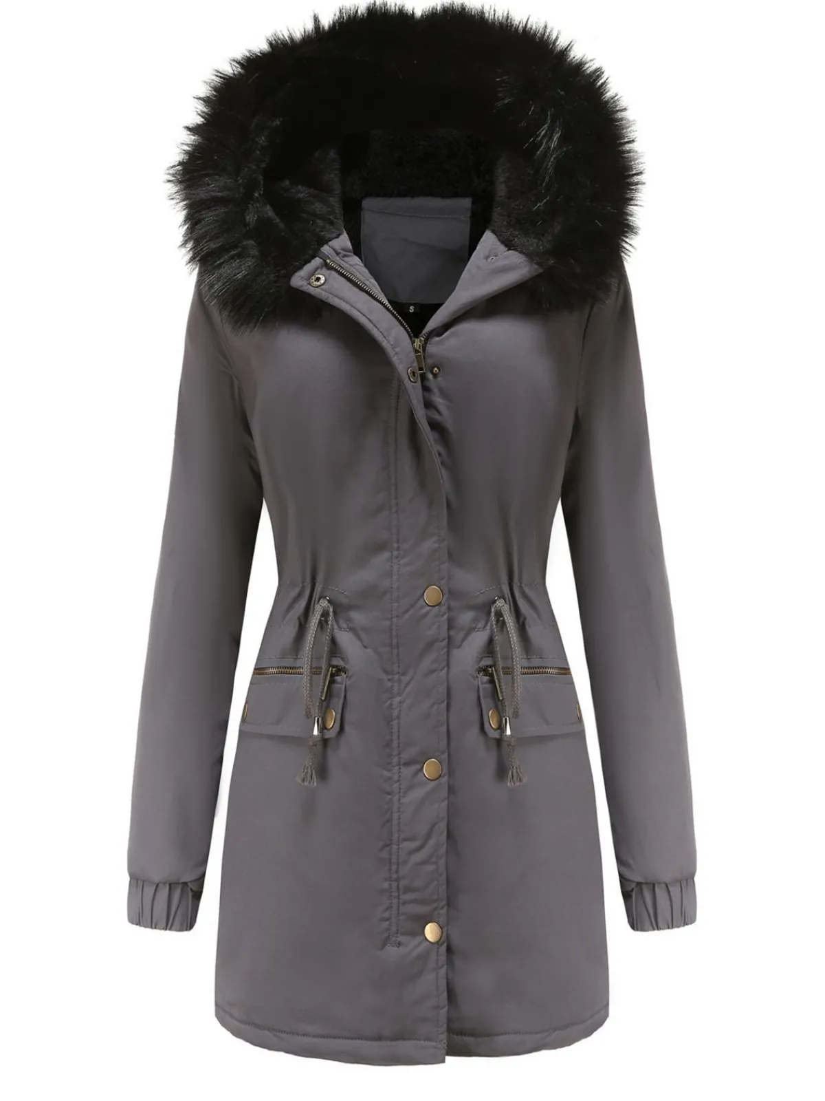 Online Retro Stage 1950s Solid Zipper Fur Trimmed Coat