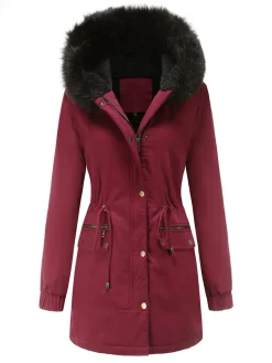 Online Retro Stage 1950s Solid Zipper Fur Trimmed Coat