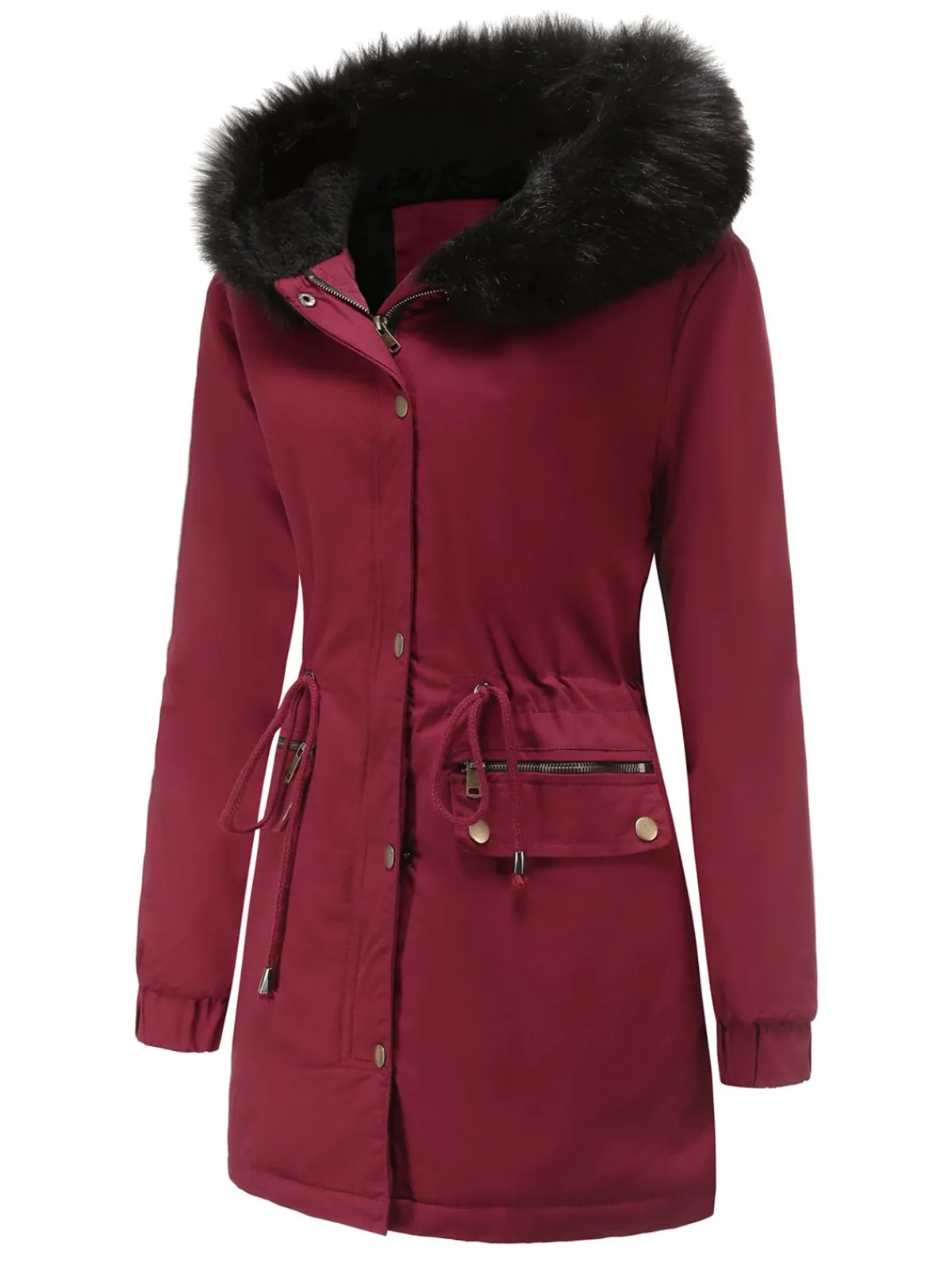 Online Retro Stage 1950s Solid Zipper Fur Trimmed Coat