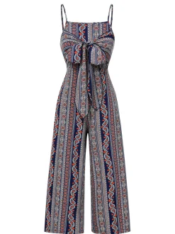 Online Retro Stage 1930s Spaghetti Strap Bohemian Tie-Front Jumpsuit Multicolor